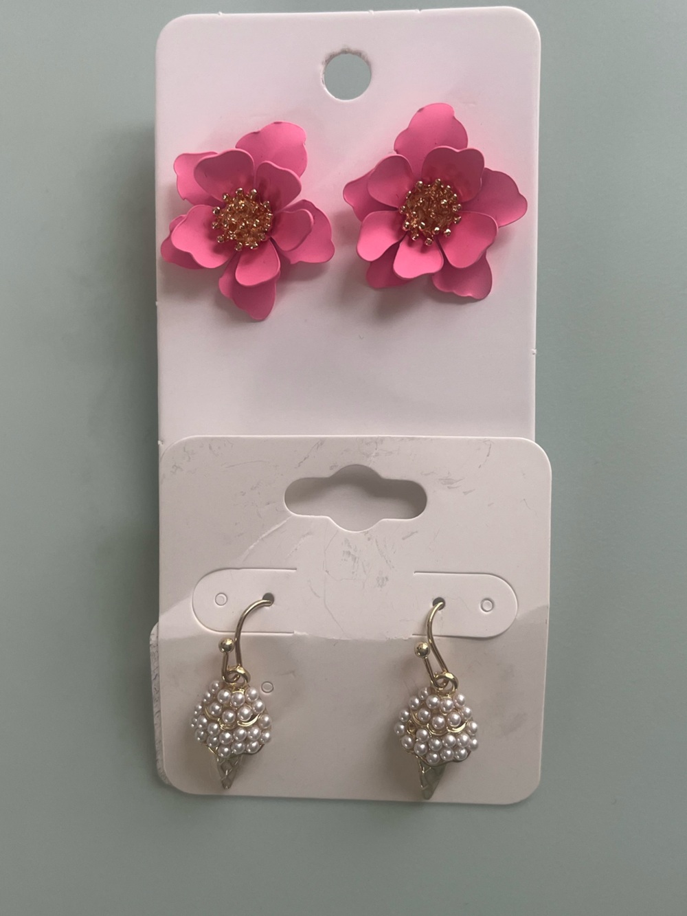 Pink Flower Studs & Pearl Drop Earrings
